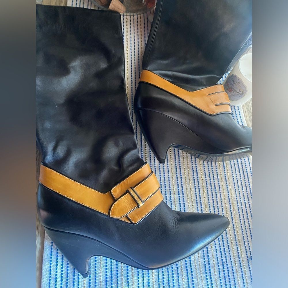 BALENCIAGA Leather Boots Womens Size 38 Black Heels Camel Strap authentic - Picture 13 of 14